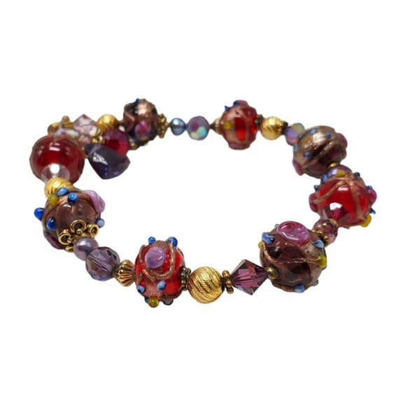 Artisan Wedding Cake Glass Bead Bracelet 22k Gold Filled Hand Blown Toggle Clasp - Picture 5 of 16